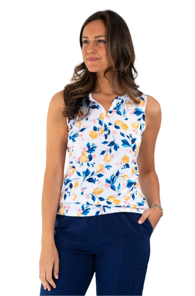 white sleeveless lemon patterned top