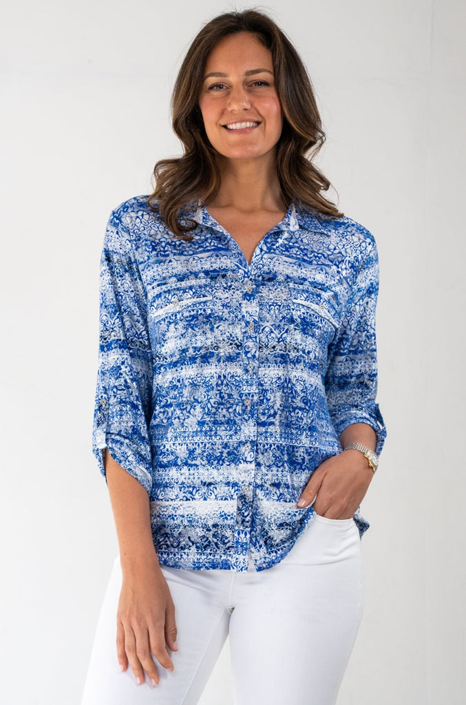 Blue Patterned Collared Long Sleeve Blouse