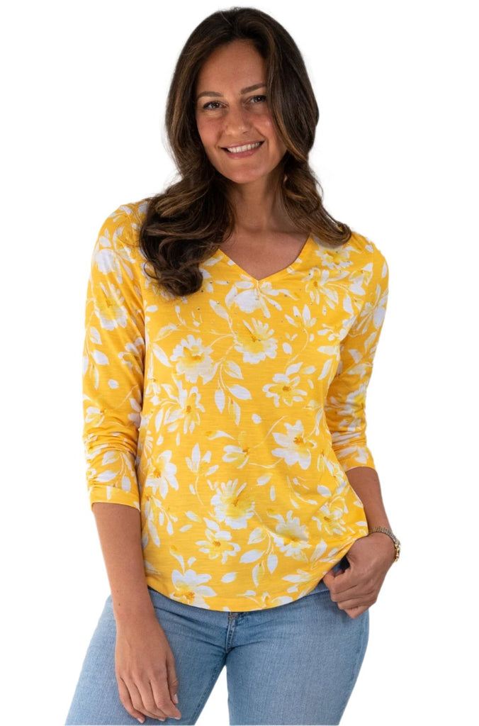 V-Neck Long Sleeve Yellow Floral Pattern Top