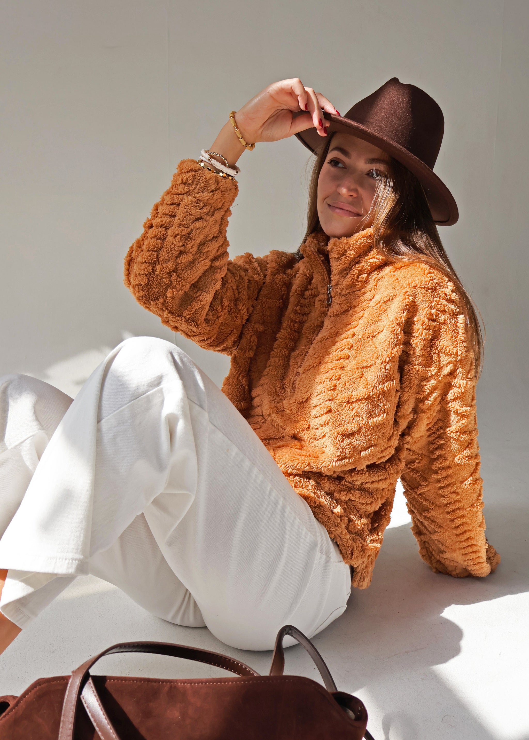Carly Light Brown Half Zip Sherpa – Emily Daniels